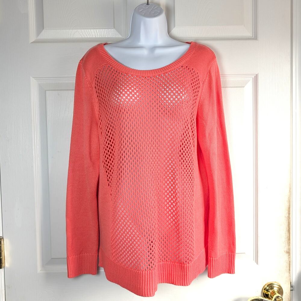 Apt 9 Coral Pink Open Knit Mesh Pullover Sweater Size L Scoop Neck Long Sleeve